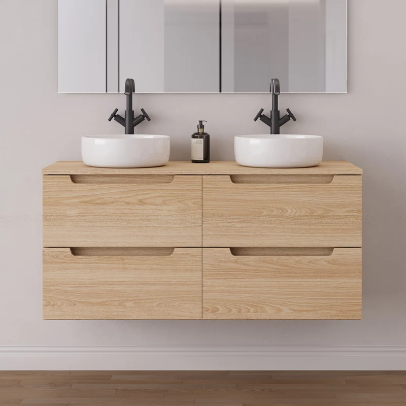 Meuble de salle de bain 140cm avec plateau et 2 vasques à poser rondes - 4 tiroirs - SONRIZA