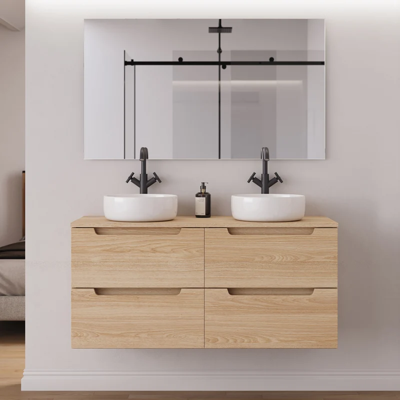 Meuble de salle de bain 140cm avec plateau et 2 vasques à poser rondes - 4 tiroirs - SONRIZA