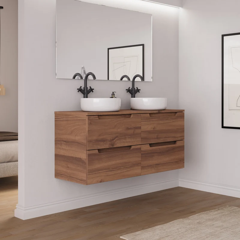 Meuble de salle de bain 140cm avec plateau et 2 vasques à poser rondes - 4 tiroirs - SONRIZA