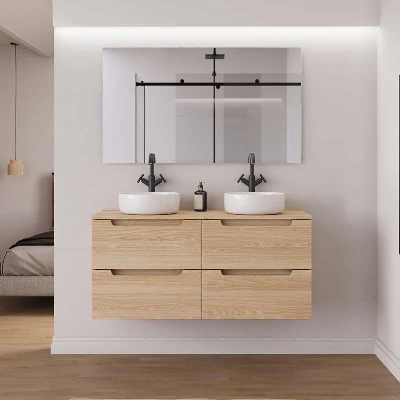 Meuble de salle de bain 140cm avec plateau et 2 vasques à poser rondes - 4 tiroirs - SONRIZA
