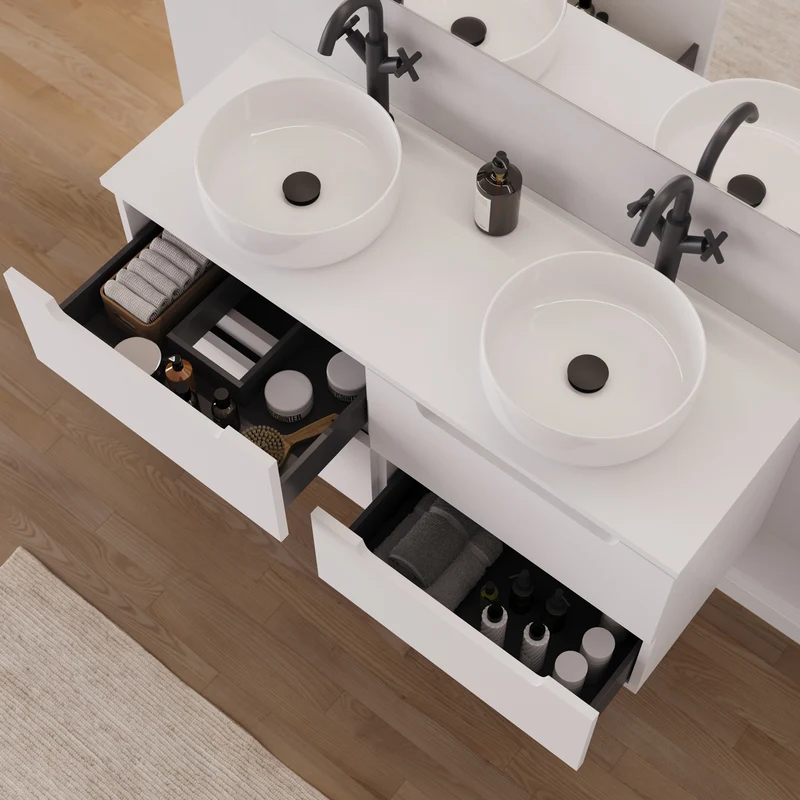 Meuble de salle de bain 140cm avec plateau et 2 vasques à poser rondes - 4 tiroirs - SONRIZA