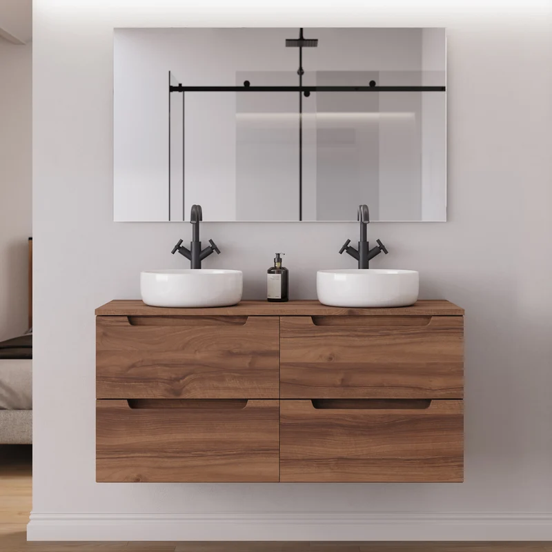 Meuble de salle de bain 140cm avec plateau et 2 vasques à poser rondes - 4 tiroirs - SONRIZA