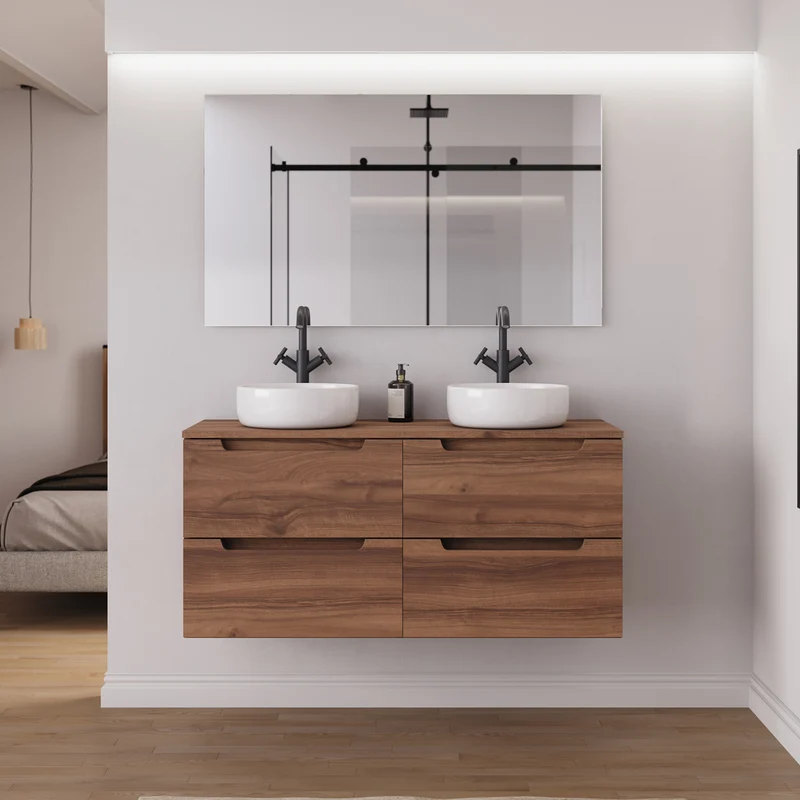 Meuble de salle de bain 140cm avec plateau et 2 vasques à poser rondes - 4 tiroirs - SONRIZA