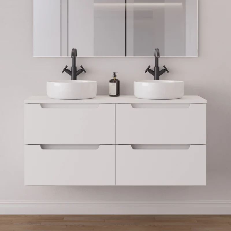 Meuble de salle de bain 140cm avec plateau et 2 vasques à poser rondes - 4 tiroirs - SONRIZA