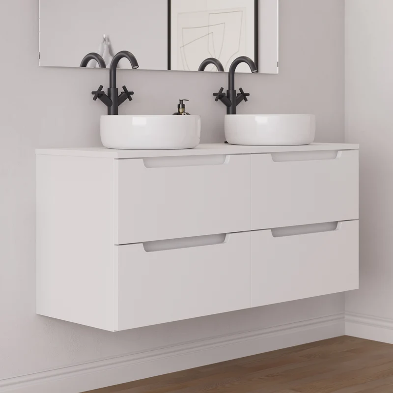 Meuble de salle de bain 140cm avec plateau et 2 vasques à poser rondes - 4 tiroirs - SONRIZA