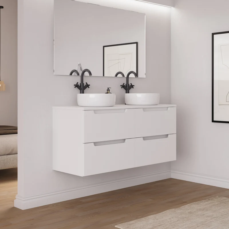 Meuble de salle de bain 140cm avec plateau et 2 vasques à poser rondes - 4 tiroirs - SONRIZA