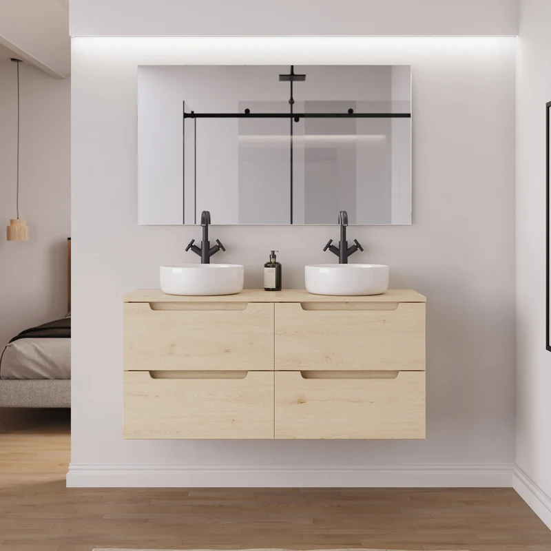 Meuble de salle de bain 140cm avec plateau et 2 vasques à poser rondes - 4 tiroirs - SONRIZA