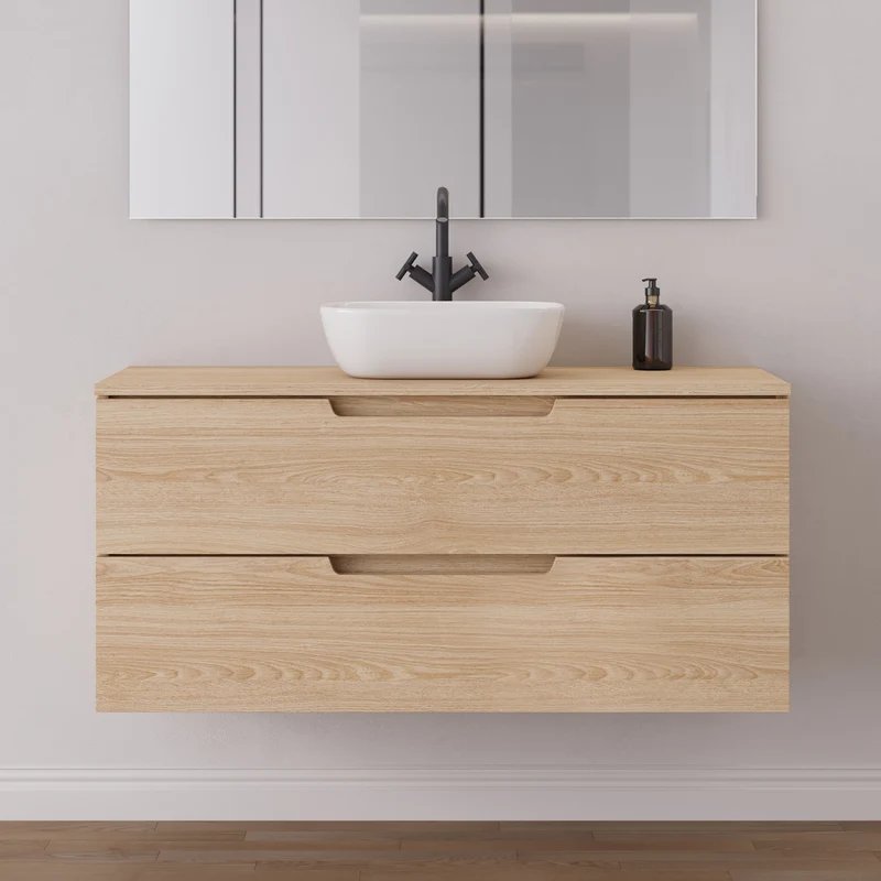 Meuble de salle de bain 120cm avec plateau et vasque à poser arrondie - 2 tiroirs - SONRIZA