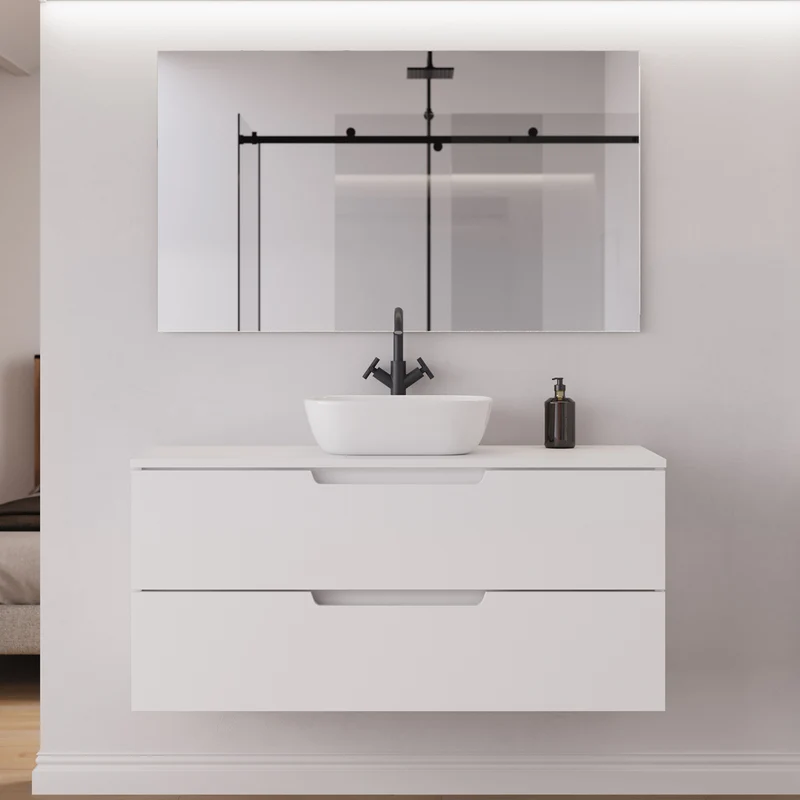 Meuble de salle de bain 120cm avec plateau et vasque à poser arrondie - 2 tiroirs - SONRIZA