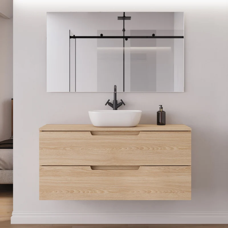 Meuble de salle de bain 120cm avec plateau et vasque à poser arrondie - 2 tiroirs - SONRIZA