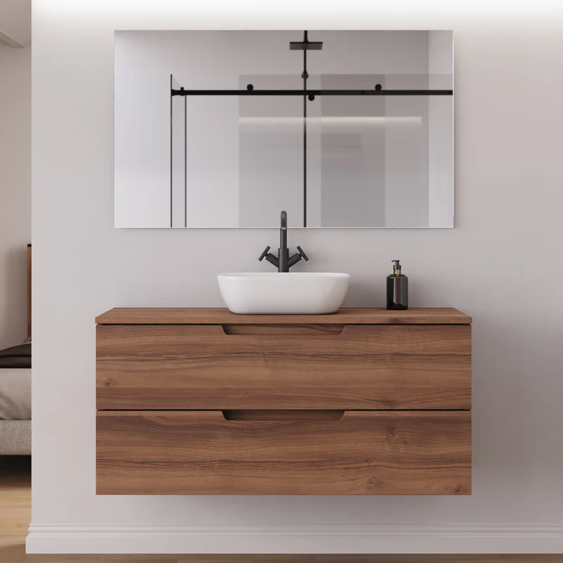 Meuble de salle de bain 120cm avec plateau et vasque à poser arrondie - 2 tiroirs - SONRIZA