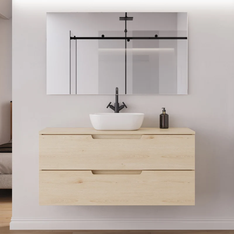 Meuble de salle de bain 120cm avec plateau et vasque à poser arrondie - 2 tiroirs - SONRIZA