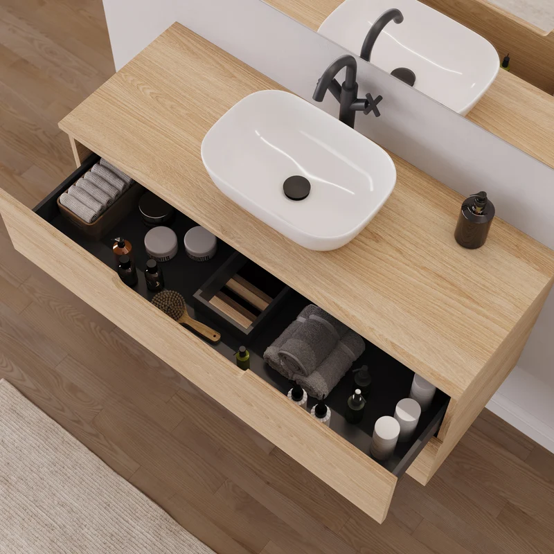 Meuble de salle de bain 120cm avec plateau et vasque à poser arrondie - 2 tiroirs - SONRIZA