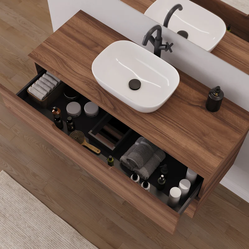 Meuble de salle de bain 120cm avec plateau et vasque à poser arrondie - 2 tiroirs - SONRIZA