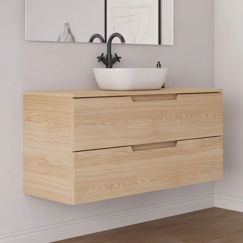 Meuble de salle de bain 120cm avec plateau et vasque à poser arrondie - 2 tiroirs - SONRIZA
