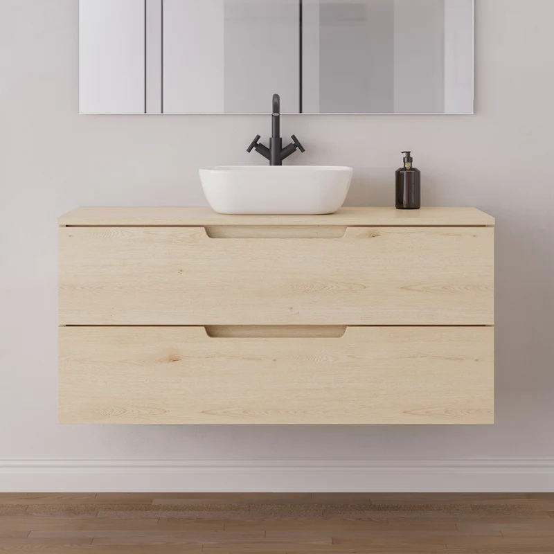 Meuble de salle de bain 120cm avec plateau et vasque à poser arrondie - 2 tiroirs - SONRIZA