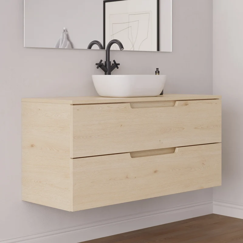 Meuble de salle de bain 120cm avec plateau et vasque à poser arrondie - 2 tiroirs - SONRIZA