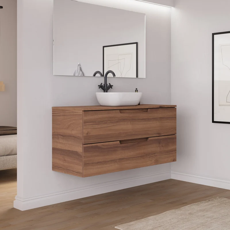 Meuble de salle de bain 120cm avec plateau et vasque à poser arrondie - 2 tiroirs - SONRIZA