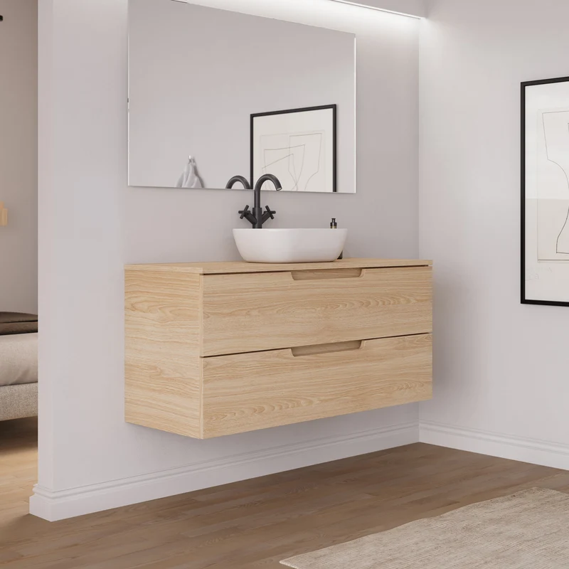 Meuble de salle de bain 120cm avec plateau et vasque à poser arrondie - 2 tiroirs - SONRIZA