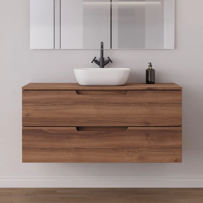 Meuble de salle de bain 120cm avec plateau et vasque à poser arrondie - 2 tiroirs - SONRIZA