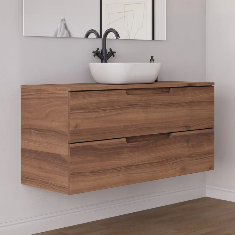 Meuble de salle de bain 120cm avec plateau et vasque à poser arrondie - 2 tiroirs - SONRIZA