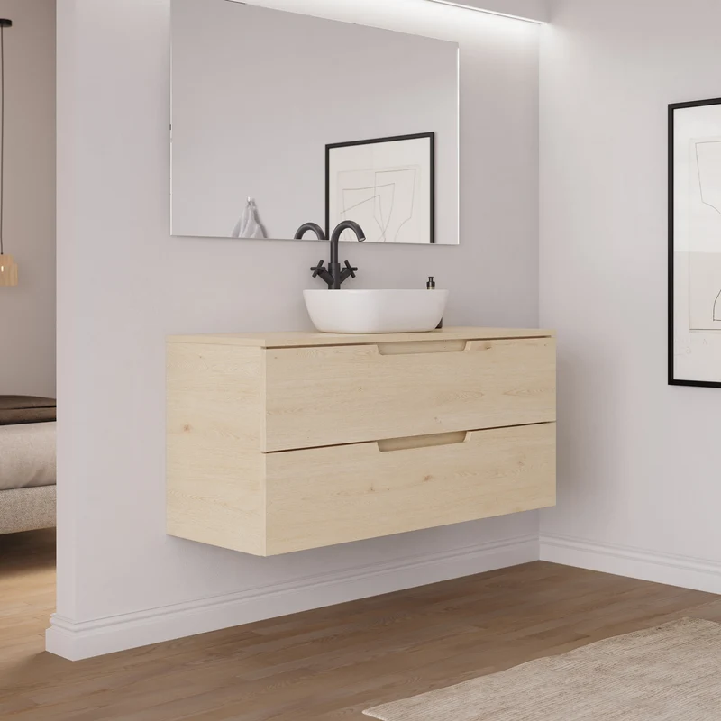Meuble de salle de bain 120cm avec plateau et vasque à poser arrondie - 2 tiroirs - SONRIZA