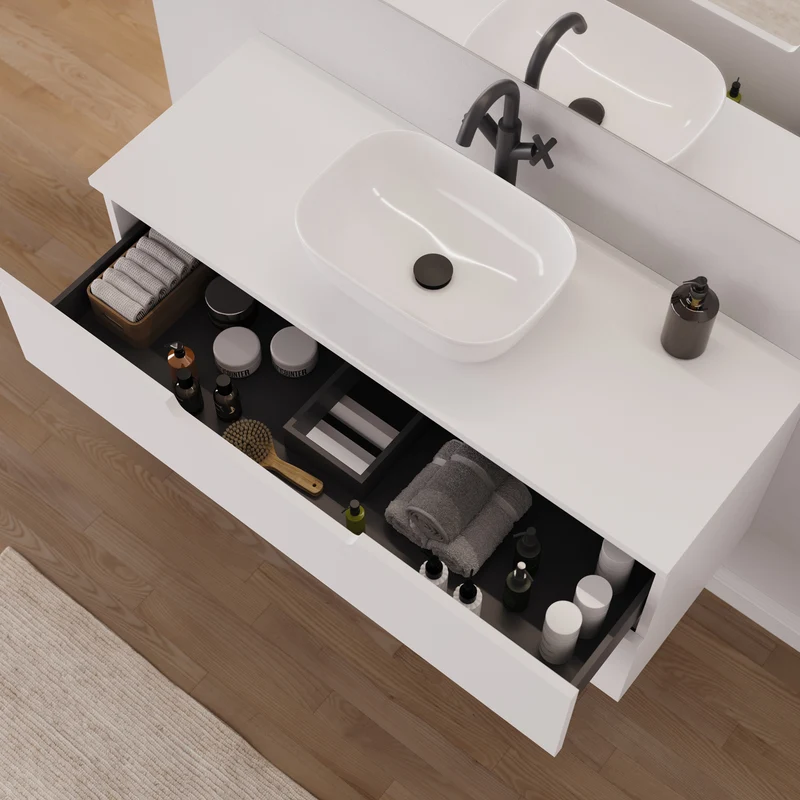 Meuble de salle de bain 120cm avec plateau et vasque à poser arrondie - 2 tiroirs - SONRIZA
