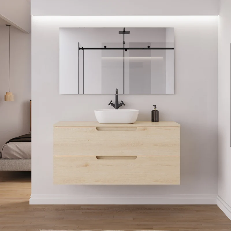Meuble de salle de bain 120cm avec plateau et vasque à poser arrondie - 2 tiroirs - SONRIZA