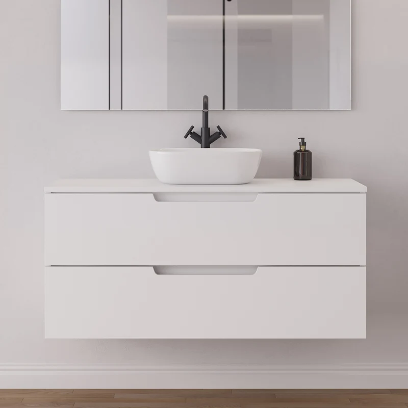 Meuble de salle de bain 120cm avec plateau et vasque à poser arrondie - 2 tiroirs - SONRIZA