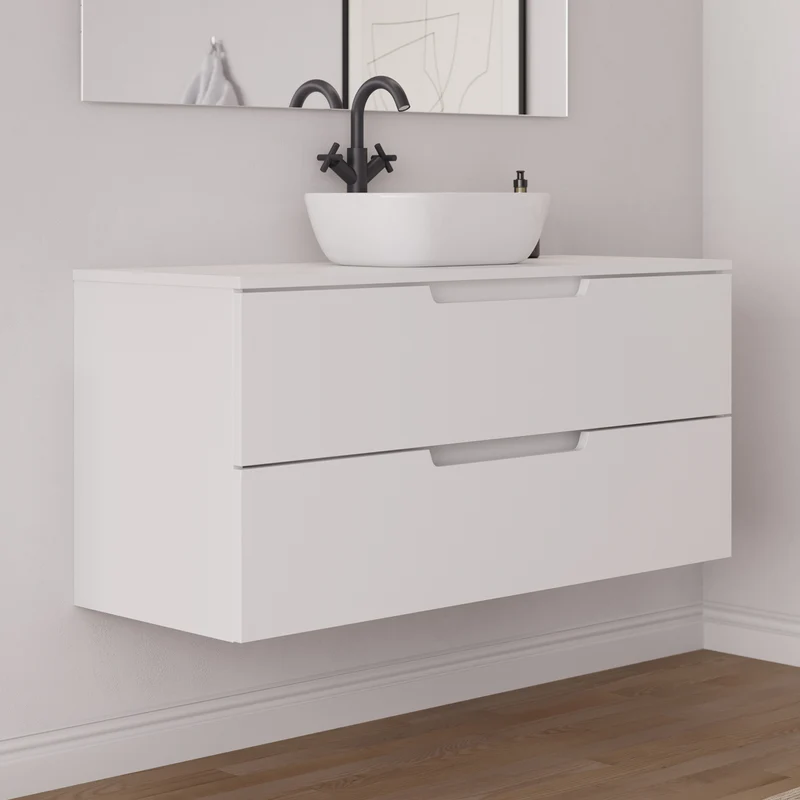 Meuble de salle de bain 120cm avec plateau et vasque à poser arrondie - 2 tiroirs - SONRIZA