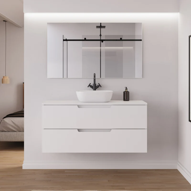 Meuble de salle de bain 120cm avec plateau et vasque à poser arrondie - 2 tiroirs - SONRIZA