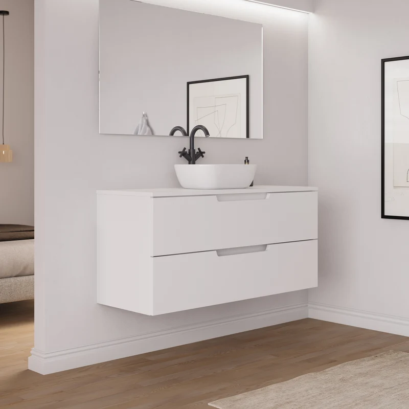 Meuble de salle de bain 120cm avec plateau et vasque à poser arrondie - 2 tiroirs - SONRIZA