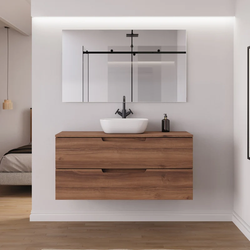 Meuble de salle de bain 120cm avec plateau et vasque à poser arrondie - 2 tiroirs - SONRIZA