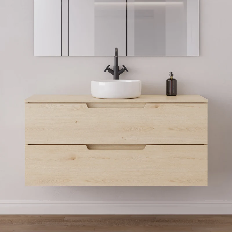 Meuble de salle de bain 120cm avec plateau et vasque à poser ronde - 2 tiroirs - sans miroir - SONRIZA