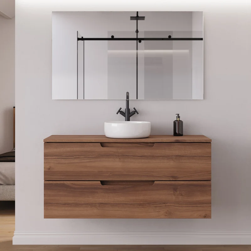 Meuble de salle de bain 120cm avec plateau et vasque à poser ronde - 2 tiroirs - sans miroir - SONRIZA