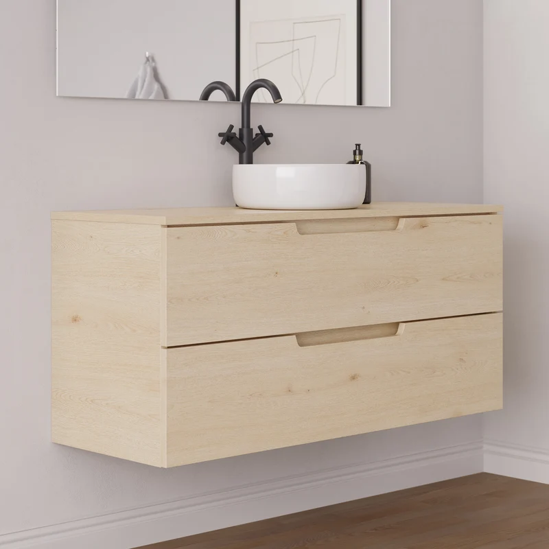 Meuble de salle de bain 120cm avec plateau et vasque à poser ronde - 2 tiroirs - sans miroir - SONRIZA