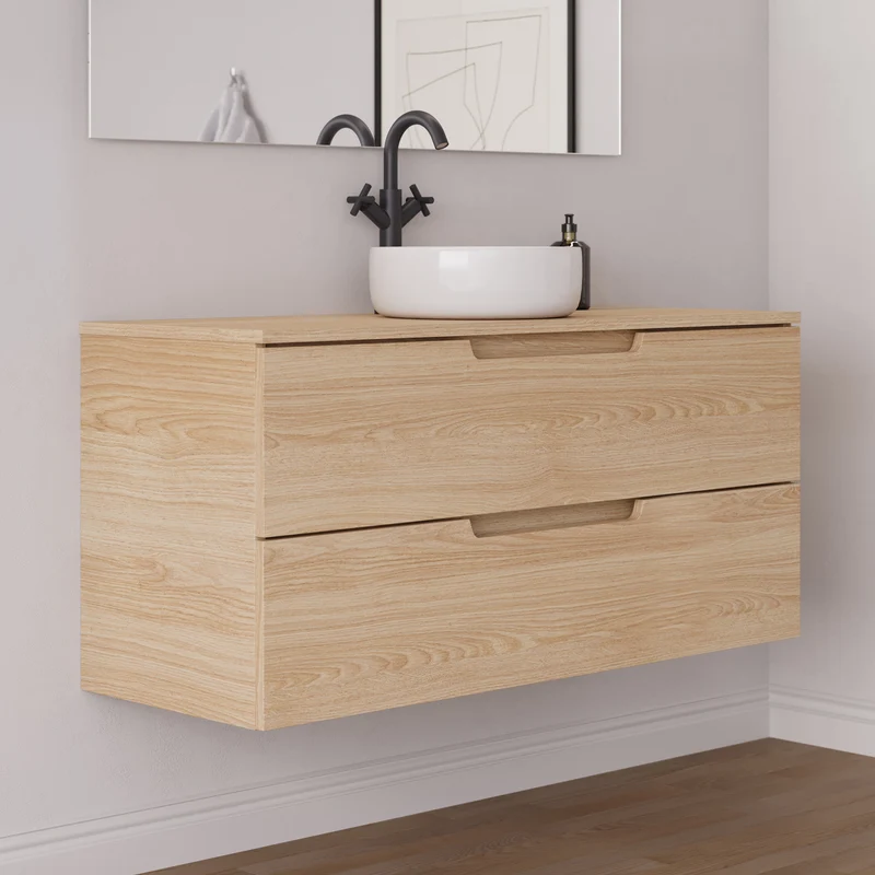 Meuble de salle de bain 120cm avec plateau et vasque à poser ronde - 2 tiroirs - sans miroir - SONRIZA