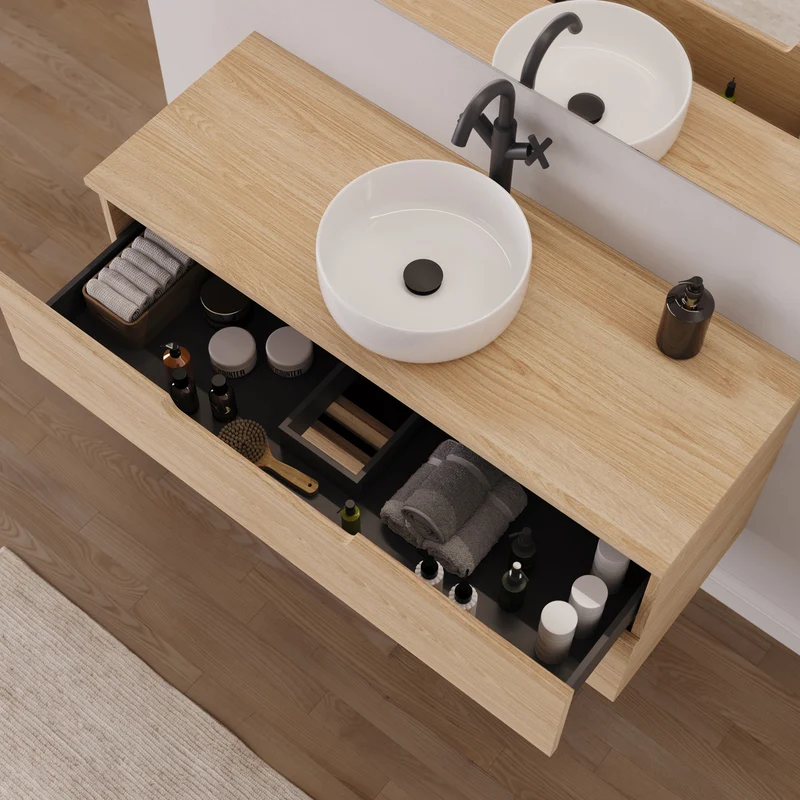 Meuble de salle de bain 120cm avec plateau et vasque à poser ronde - 2 tiroirs - sans miroir - SONRIZA