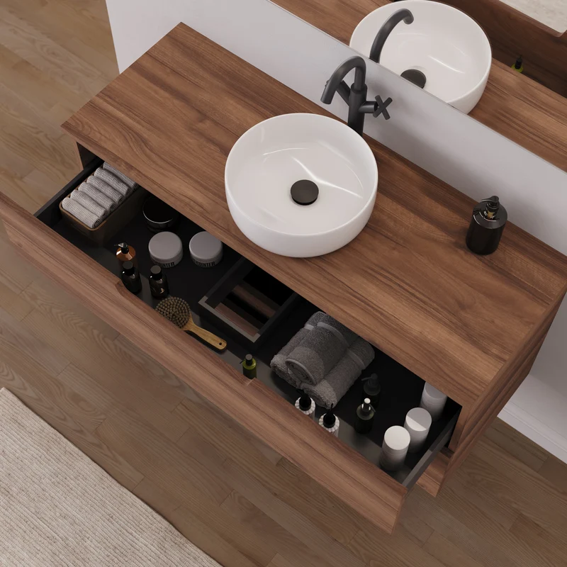 Meuble de salle de bain 120cm avec plateau et vasque à poser ronde - 2 tiroirs - sans miroir - SONRIZA