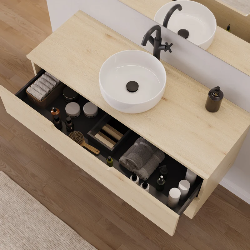 Meuble de salle de bain 120cm avec plateau et vasque à poser ronde - 2 tiroirs - sans miroir - SONRIZA
