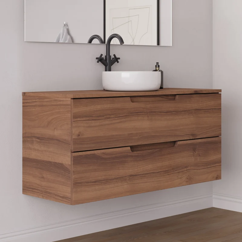 Meuble de salle de bain 120cm avec plateau et vasque à poser ronde - 2 tiroirs - sans miroir - SONRIZA