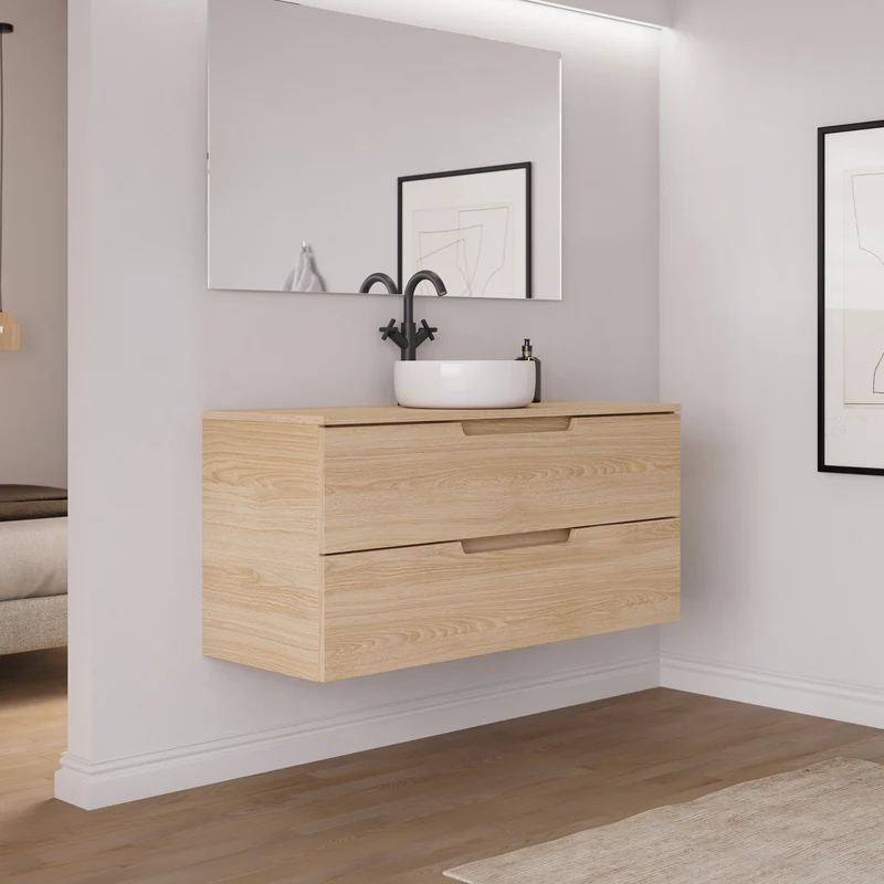 Meuble de salle de bain 120cm avec plateau et vasque à poser ronde - 2 tiroirs - sans miroir - SONRIZA