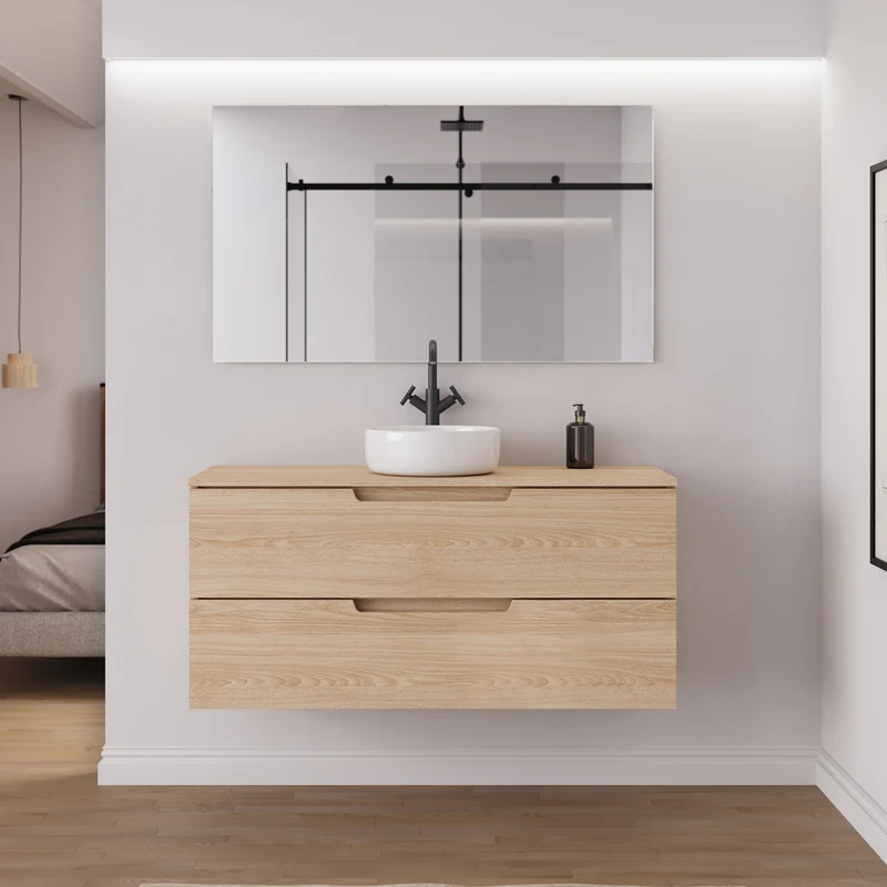 Meuble de salle de bain 120cm avec plateau et vasque à poser ronde - 2 tiroirs - sans miroir - SONRIZA