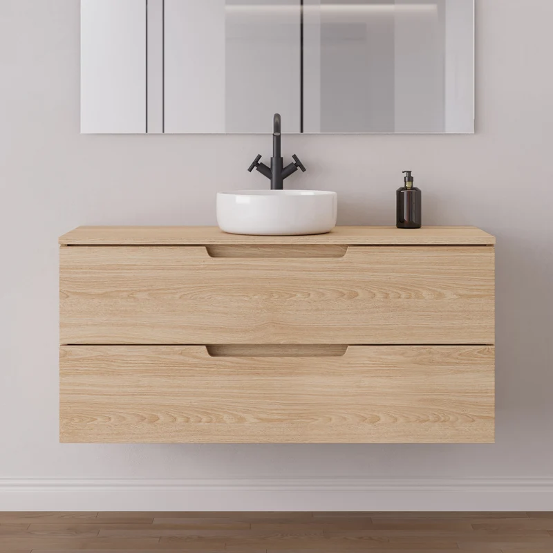Meuble de salle de bain 120cm avec plateau et vasque à poser ronde - 2 tiroirs - sans miroir - SONRIZA