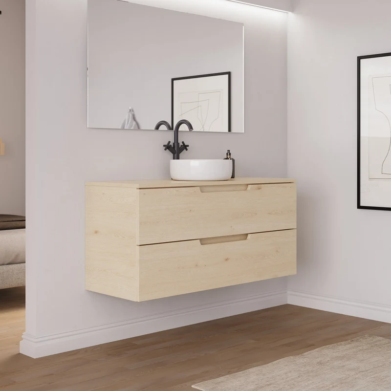 Meuble de salle de bain 120cm avec plateau et vasque à poser ronde - 2 tiroirs - sans miroir - SONRIZA