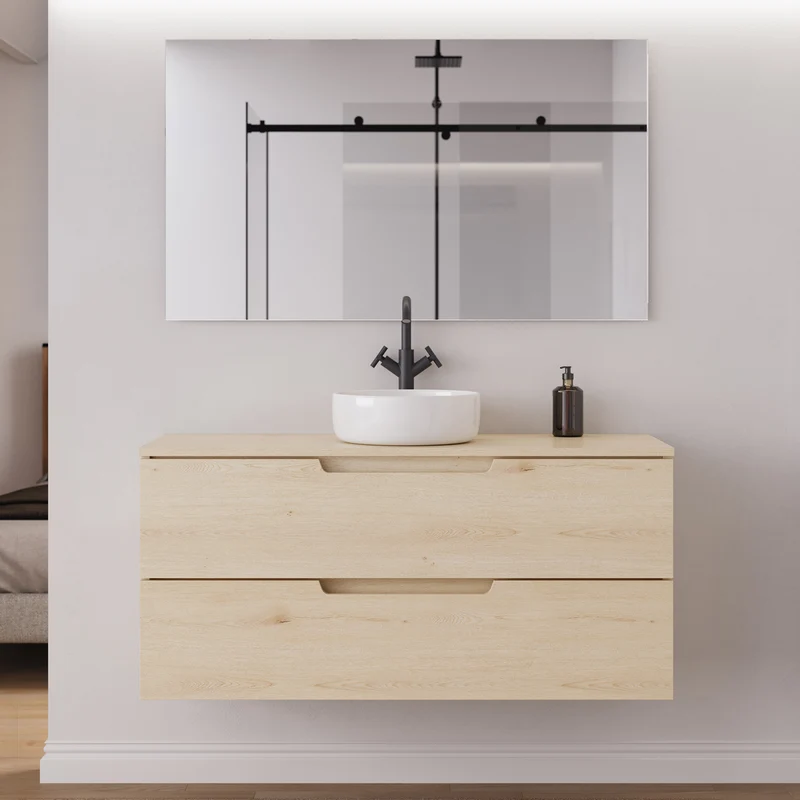 Meuble de salle de bain 120cm avec plateau et vasque à poser ronde - 2 tiroirs - sans miroir - SONRIZA