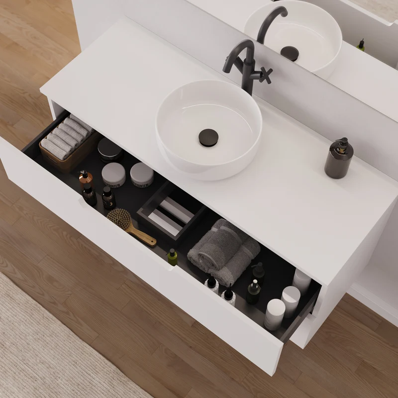 Meuble de salle de bain 120cm avec plateau et vasque à poser ronde - 2 tiroirs - sans miroir - SONRIZA