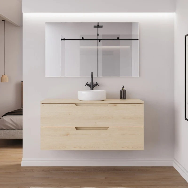 Meuble de salle de bain 120cm avec plateau et vasque à poser ronde - 2 tiroirs - sans miroir - SONRIZA