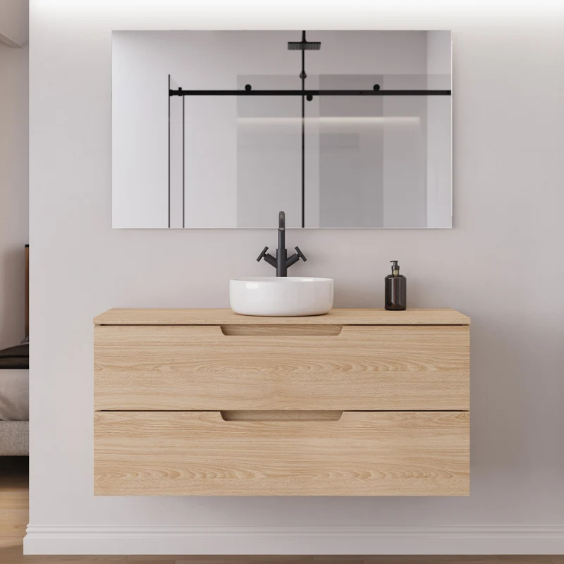 Meuble de salle de bain 120cm avec plateau et vasque à poser ronde - 2 tiroirs - sans miroir - SONRIZA