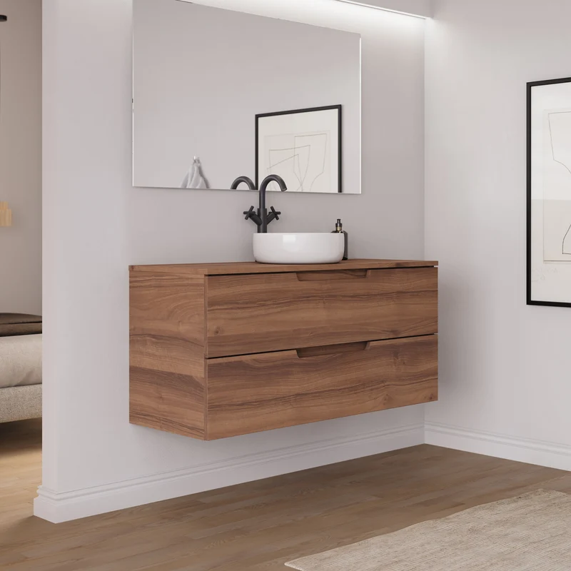 Meuble de salle de bain 120cm avec plateau et vasque à poser ronde - 2 tiroirs - sans miroir - SONRIZA